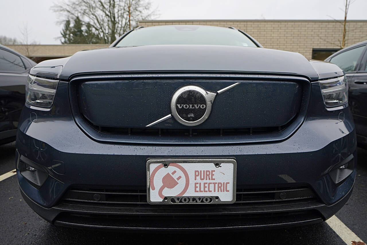 A Volvo XC40 electric vehicle is shown Dec. 13, 2021, following a news conference in Olympia, where Gov. Jay Inslee announced several climate-related proposals for the 2022 legislative session. (Ted S. Warren / Associated Press file photo)
