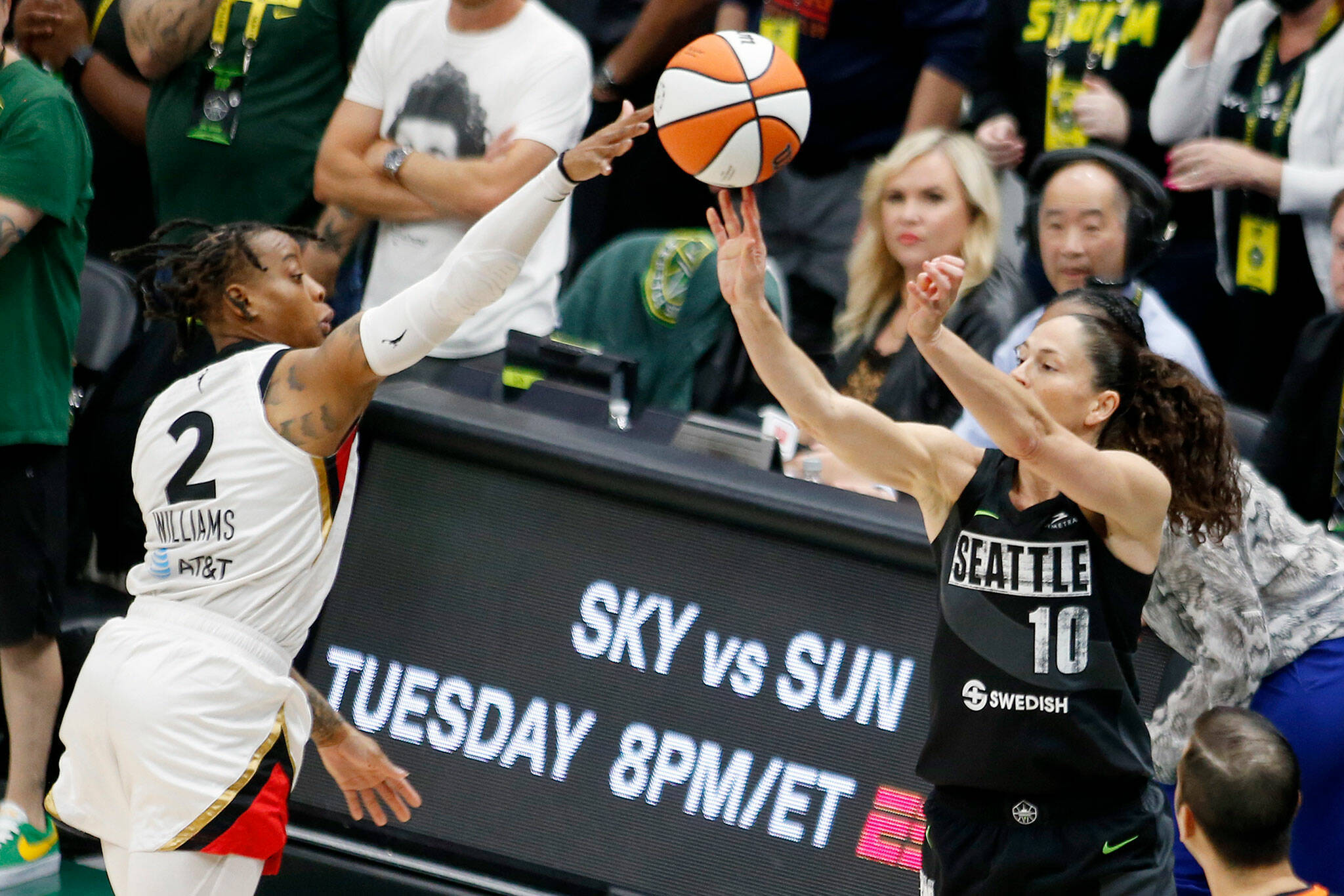The Seattle Storm’s Sue Bird hits a go-ahead three with .8 seconds left in a WNBA playoff game against the Las Vegas Aces on Sunday, Sep. 4, 2022, at Climate Pledge Arena in Seattle, Washington. The Aces would go on to tie the game and force overtime before taking the win to go up 2-1 in the series. (Ryan Berry / The Herald)