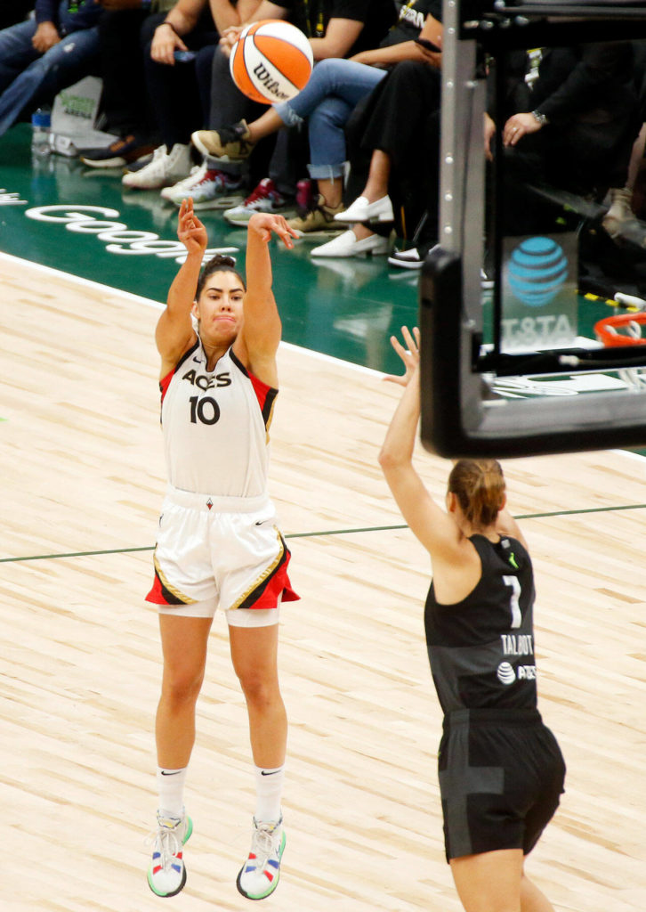 The Las Vegas Aces’ Kelsey Plum shoots a three during a WNBA playoff game against the Seattle Storm on Sunday, Sep. 4, 2022, at Climate Pledge Arena in Seattle, Washington. (Ryan Berry / The Herald)
