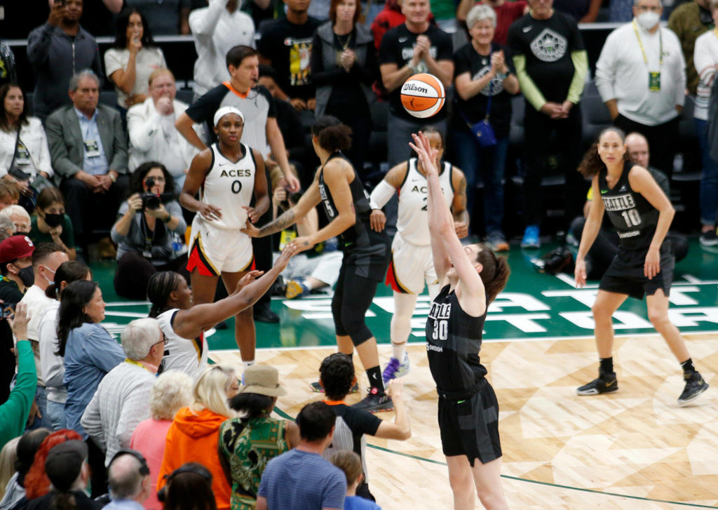 The Seattle Storm’s Breanna Stewart almost gets her hands on an inbound pass during a WNBA playoff game against the Las Vegas Aces on Sunday, Sep. 4, 2022, at Climate Pledge Arena in Seattle, Washington. (Ryan Berry / The Herald)
