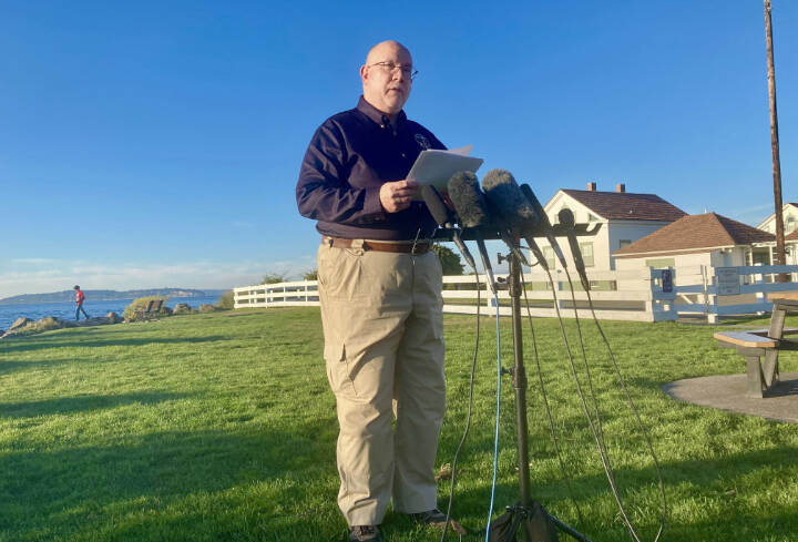 National Transportation Safety Board member Tom Chapman speaks Tuesday evening about the investigation into Sunday’s floatplane crash that killed 10 people off Whidbey Island during a press conference at Mukilteo Lighthouse Park in Mukilteo. (Ellen Dennis / The Herald) 
