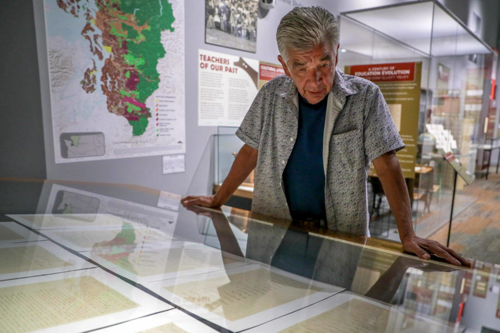 Les Parks explains the history of the Point Elliott treaty Tuesday afternoon at the Hibulb Cultural Center in Tulalip. (Kevin Clark / The Herald)
