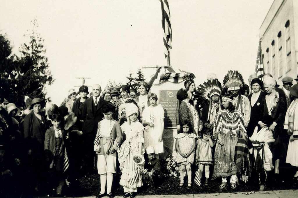 The gathering in 1930 when the Mukilteo monument was unveiled and dedicated. (Mukilteo Historical Society)
