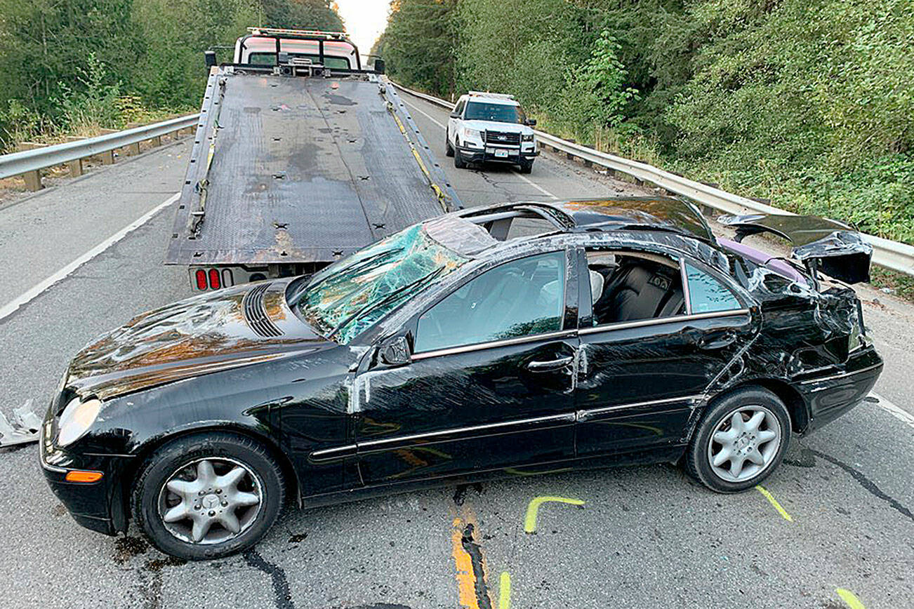 A suspect allegedly caused multiple crashes and took a vehicle from a pregnant woman Tuesday on Highway 9. (Washington State Patrol)