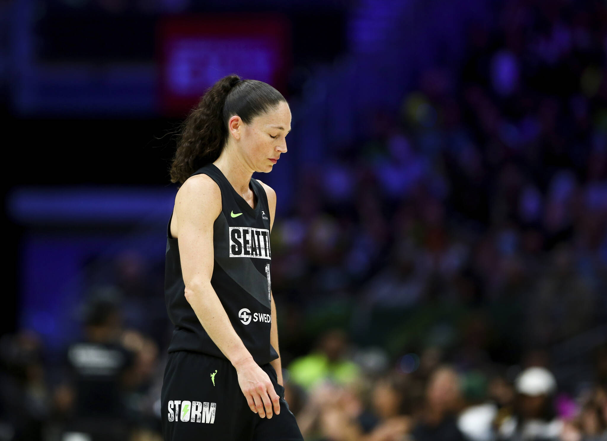 Storm guard Sue Bird walks on the court during a timeout in the second half of Game 4 of a playoff semifinal Tuesday in Seattle. (AP Photo/Lindsey Wasson)