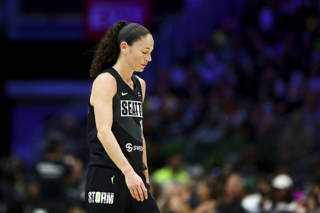 Seattle Storm guard Sue Bird walks on the court during a timeout as the Storm trail the Las Vegas Aces in the second half of Game 4 of a WNBA basketball playoff semifinal Tuesday, Sept. 6, 2022, in Seattle. The Aces beat the Storm 97-92 to advance to the WNBA Finals. (AP Photo/Lindsey Wasson)