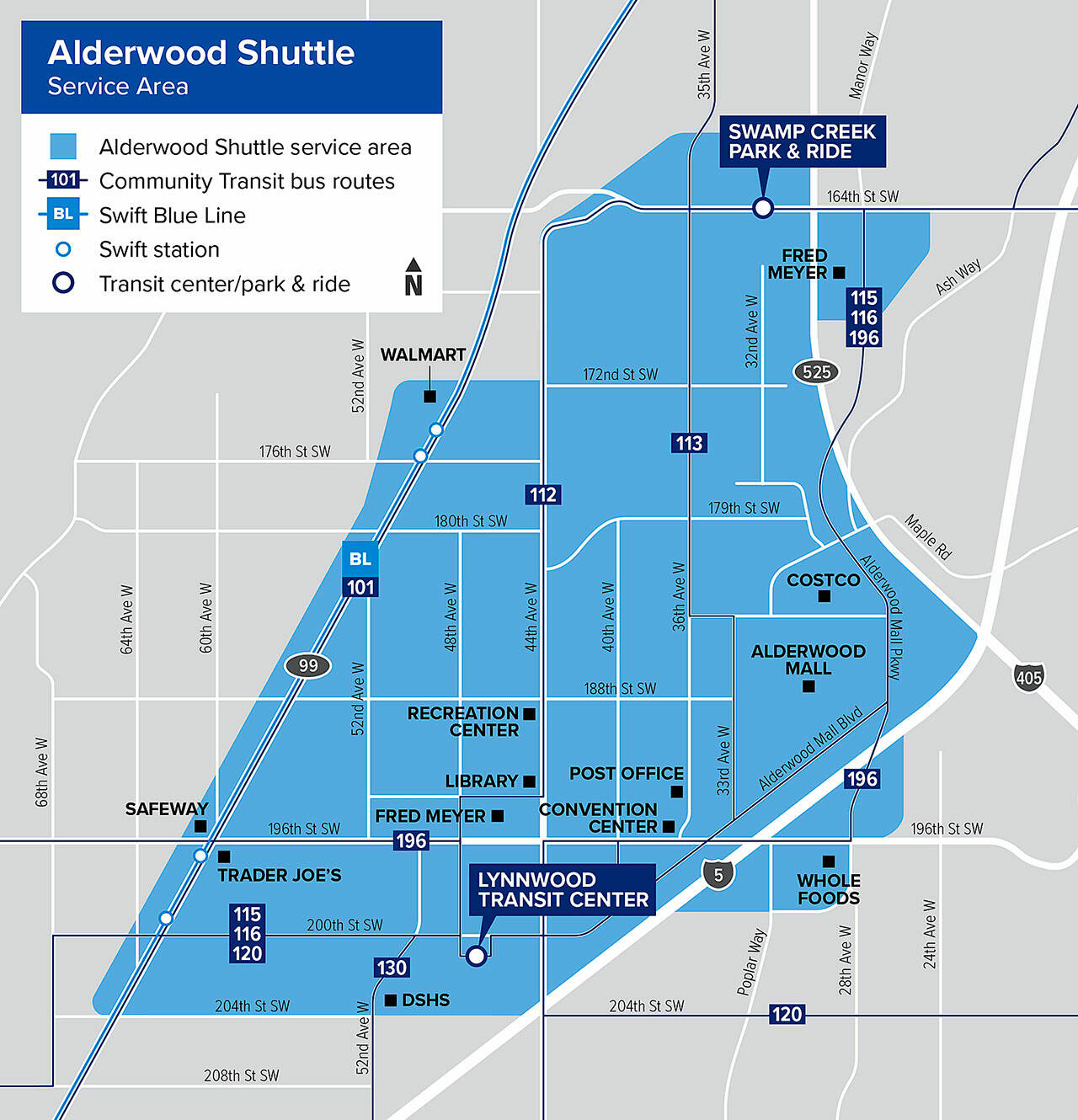 Community Transit’s first on-demand service is set to launch Oct. 20 with the Lynnwood pilot project. Its area includes Alderwood mall and goes north to 164th Street SW and south to 204th Street SW. Fares cost $2.50. (Community Transit)
