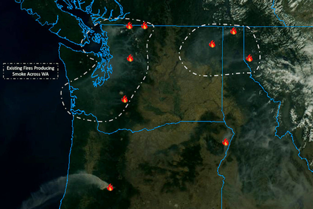 Image shows fires producing smoke in the Pacific Northwest. (Washington Smoke Blog)
