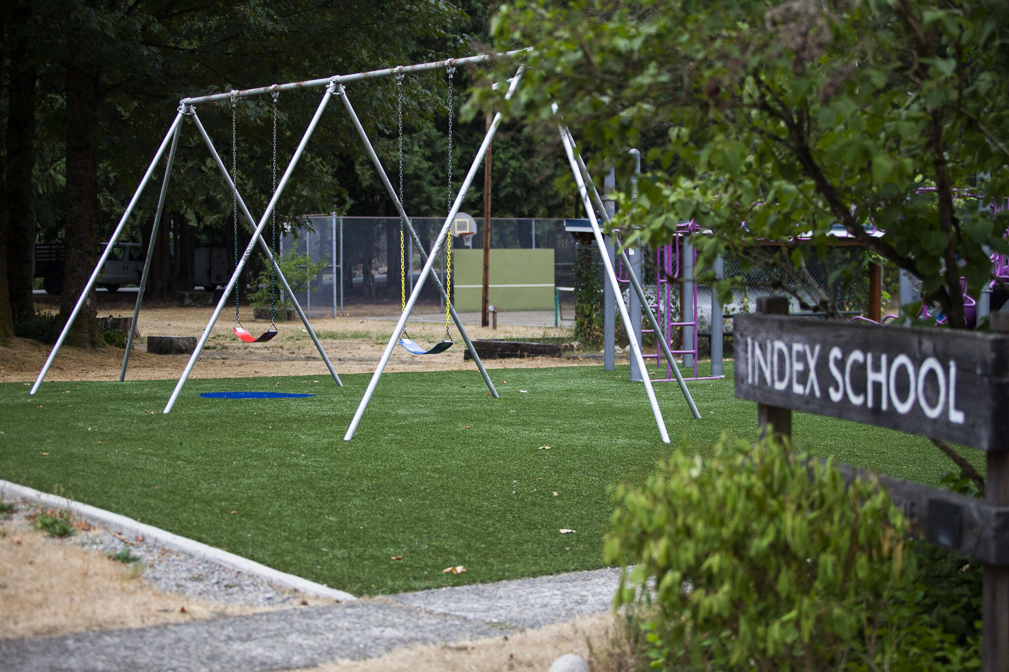 An empty playground at the Index School on Tuesday, Sept. 13, 2022 in Index, Washington. (Olivia Vanni / The Herald)