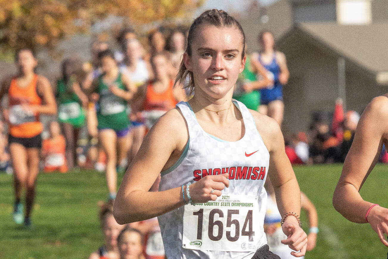 Snohomish’s Paige Gerrard (1654) competes in the WIAA 3A girls state cross country tournament on Saturday, Nov. 6, 2021, at Sun Willows Golf Course in Pasco, Wash. (TJ Mullinax/for The Herald)