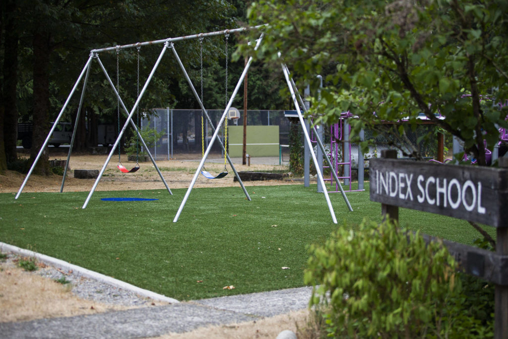 An empty playground at the Index School on Tuesday, Sept. 13, 2022 in Index, Washington. (Olivia Vanni / The Herald)
