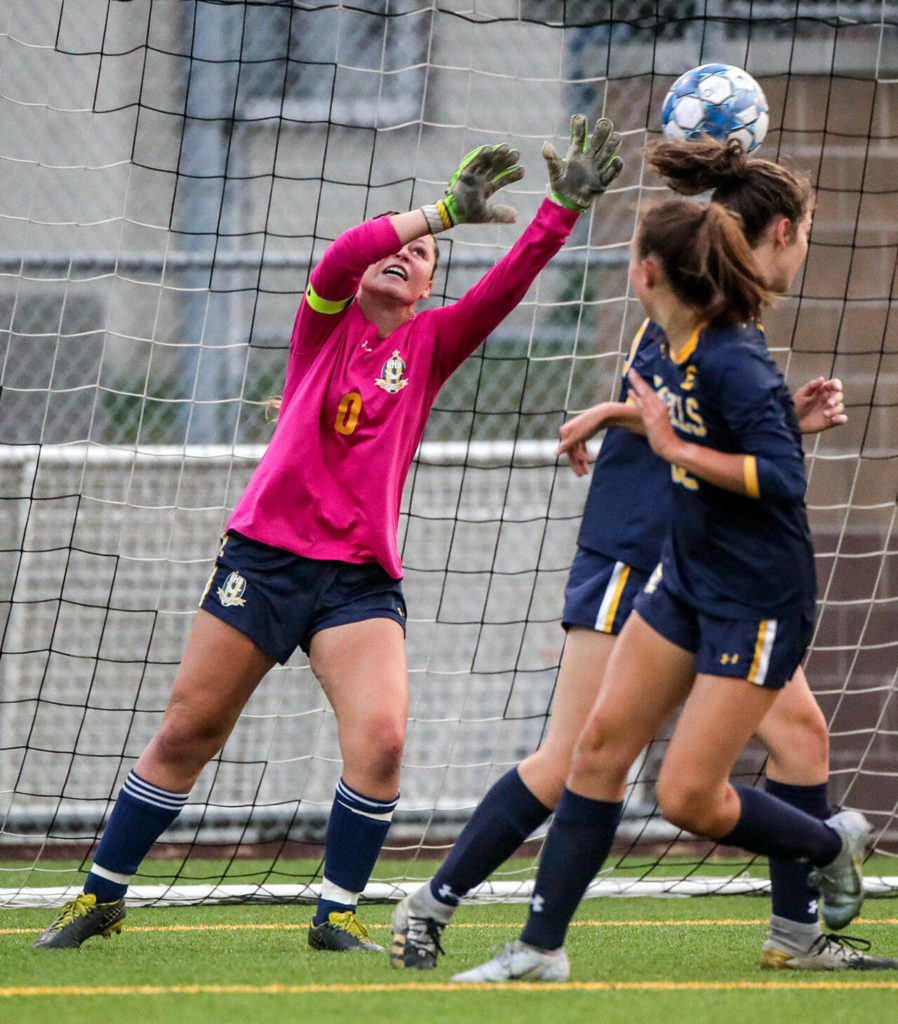Everett’s Rachael Dowdell can’t make the stop in the first half Tuesday evening in Everett, Washington on September 13, 2022. The Panthers defeated the Eagles 3-1. (Kevin Clark / The Herald)
