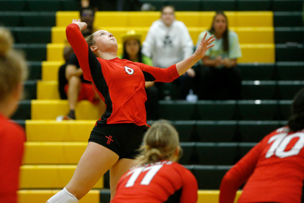 Archbishop Murphy’s Tatum Gill goes up for the kill against Shorecrest on Wednesday, Sep. 14, 2022, at Shorecrest High School in Shoreline, Washington. (Ryan Berry / The Herald)
