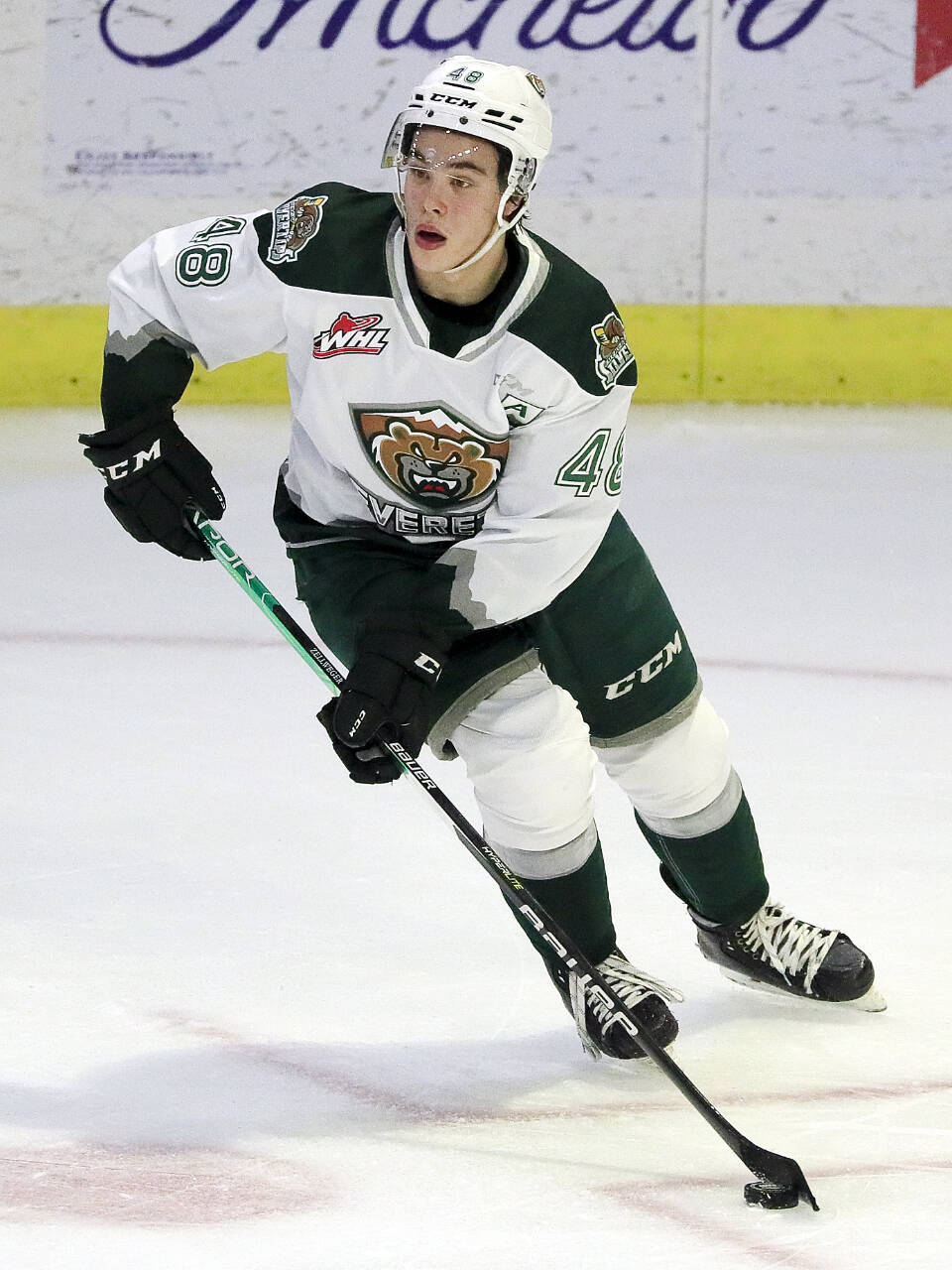 The Silvertips’ Olen Zellweger in action during a game against the Winterhawks on Jan. 1, 2022, at the Angel of the Winds Arena in Everett. (Kevin Clark / The Herald)