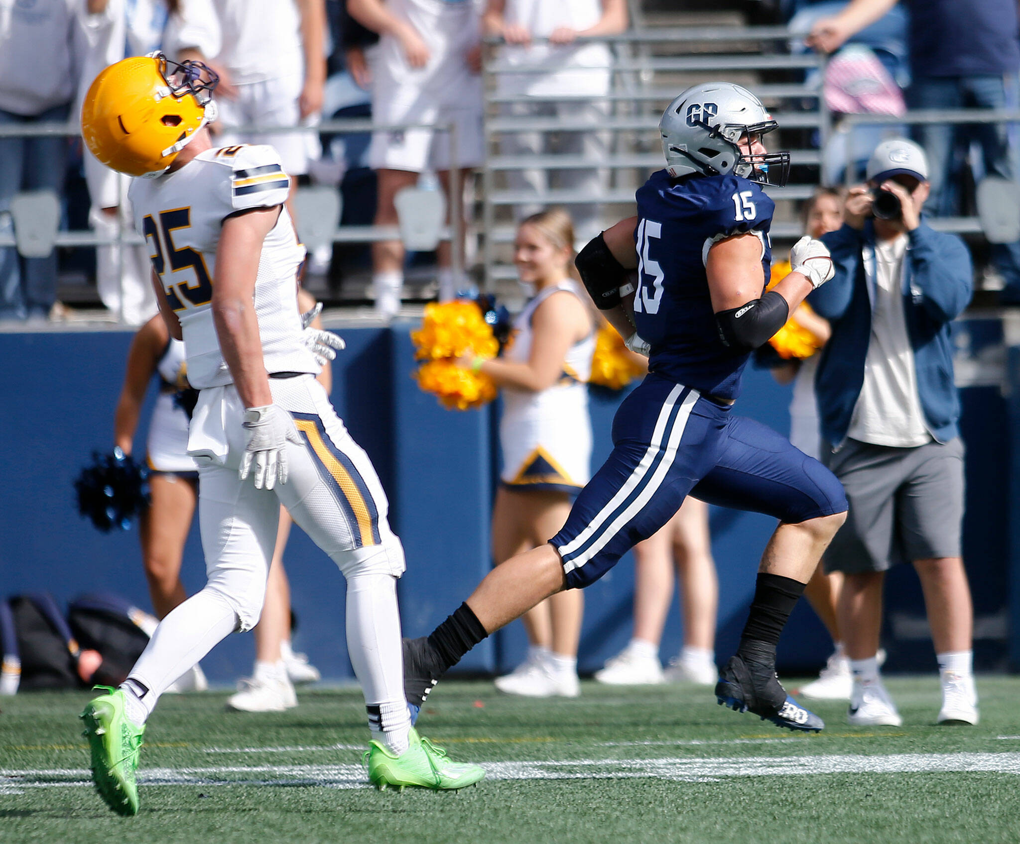 Glacier Peak’s Trey Leckner breaks away from the defense for one of his five first half touchdowns against Ferndale on Saturday, Sep. 17, 2022, at Lumen Field in Seattle, Washington. (Ryan Berry / The Herald)