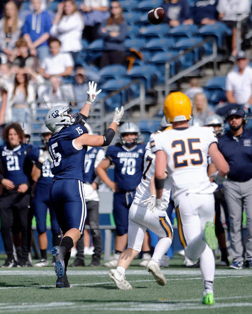 Glacier Peak’s Trey Leckner snags his second of five first half touchdowns against Ferndale on Saturday, Sep. 17, 2022, at Lumen Field in Seattle, Washington. (Ryan Berry / The Herald)
