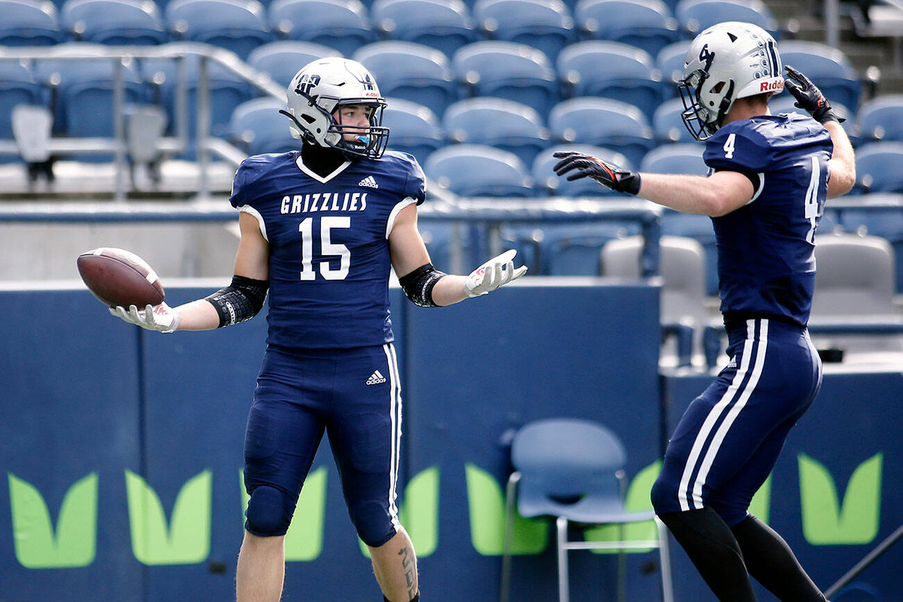 Glacier Peak’s Trey Leckner shrugs after scoring yet another of his five first half touchdowns against Ferndale on Saturday, Sep. 17, 2022, at Lumen Field in Seattle, Washington. (Ryan Berry / The Herald)