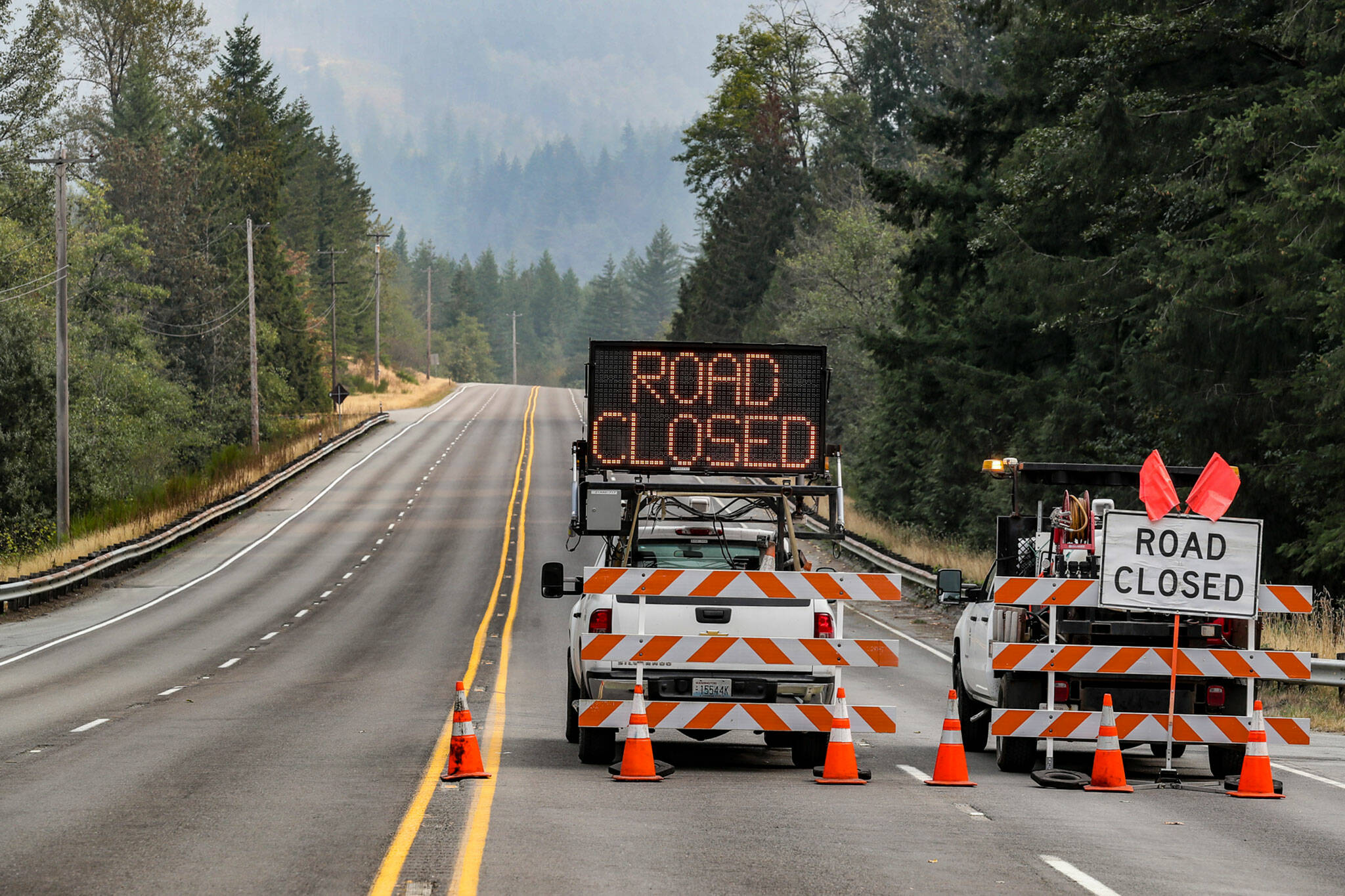 U.S. 2 remains closed east of Gold Bar, Washington due to the Bolt Creek fire near Index, Washington on Monday, Sept. 12, 2022. (Kevin Clark / The Herald