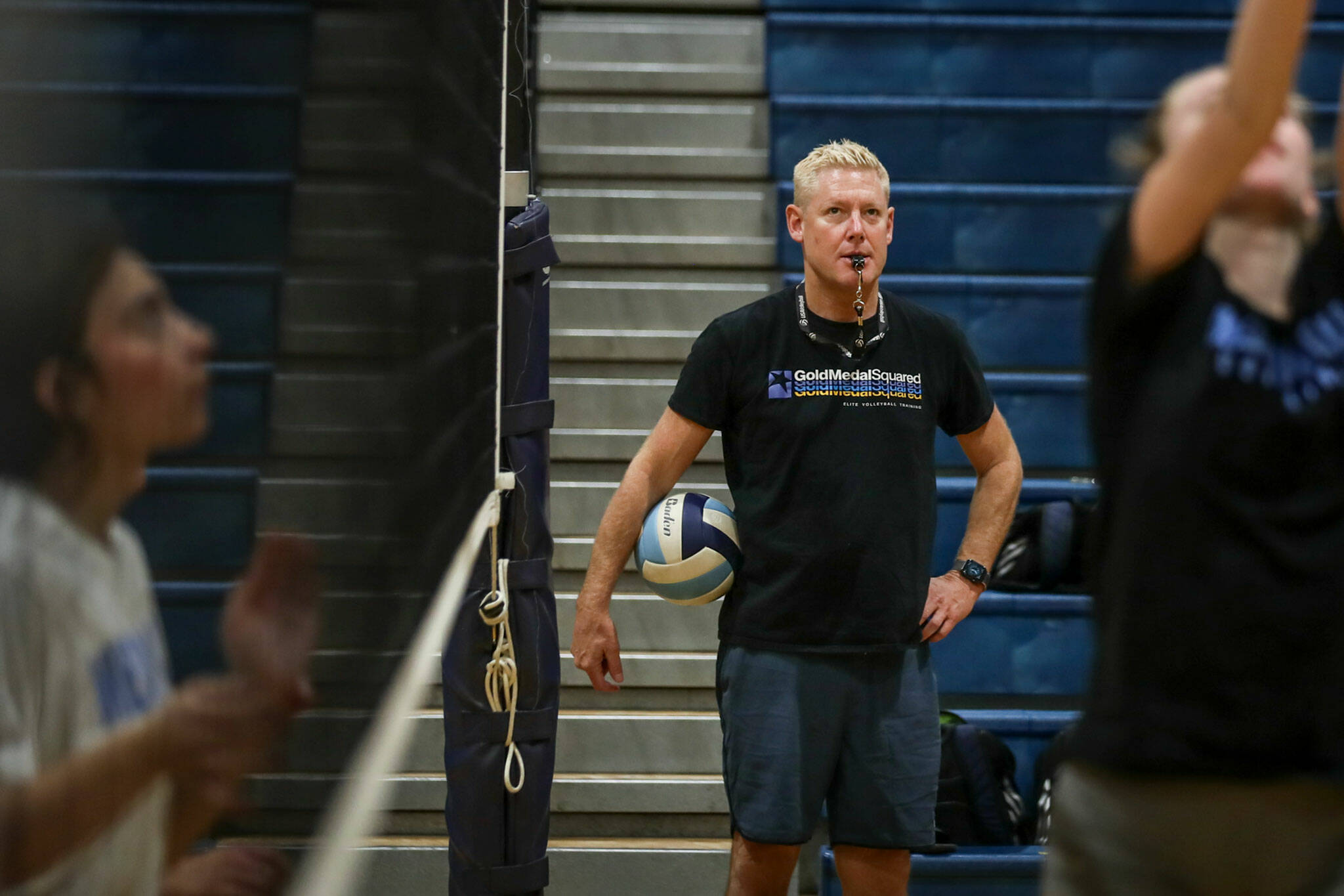 Bart Foley, head coach, watches the play during practice Monday afternoon at Meadowdale High School in Lynnwood, Washington on September 19, 2022. (Kevin Clark / The Herald)