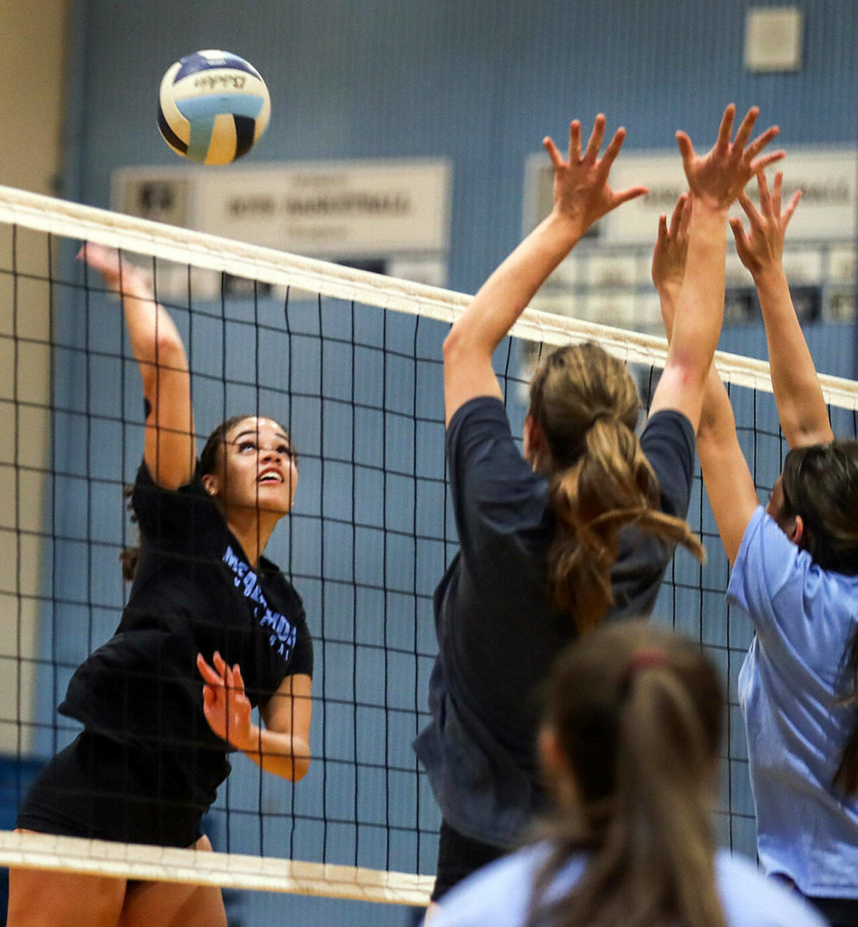 Tanna Kollen attempts a kill during practice Monday afternoon at Meadowdale High School in Lynnwood, Washington on September 19, 2022. (Kevin Clark / The Herald)
