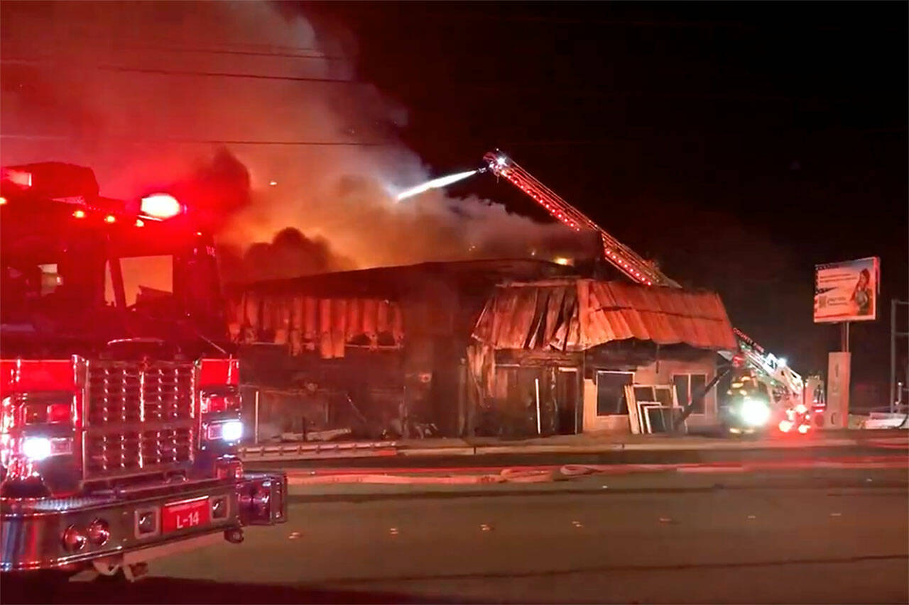 A business on Highway 99 sustained heavy damage in a fire Wednesday morning north of Lynnwood. (South County Fire)