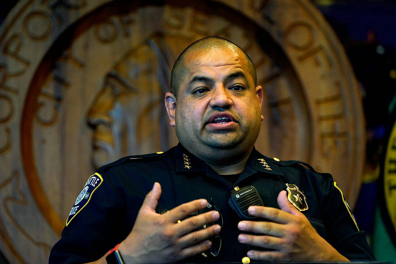 Then-Interim Seattle Police Chief Adrian Diaz addresses a news conference in Seattle, on Sept. 2, 2020. Seattle Mayor Bruce Harrell has named Diaz as his pick for permanent chief of the Seattle department. Harrell on Tuesday announced his intent to appoint Diaz, who has served as interim police chief since 2020. (AP Photo / Elaine Thompson, File)