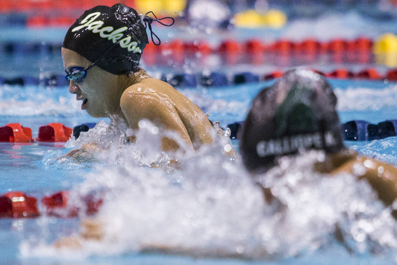 Jackson's Olivia Hoya swims in the 200 Yard Medley Relay during the 4A Girls State Swim & Dive Championship on Saturday, Nov. 13, 2021 in Federal Way, Wa. (Olivia Vanni / The Herald)