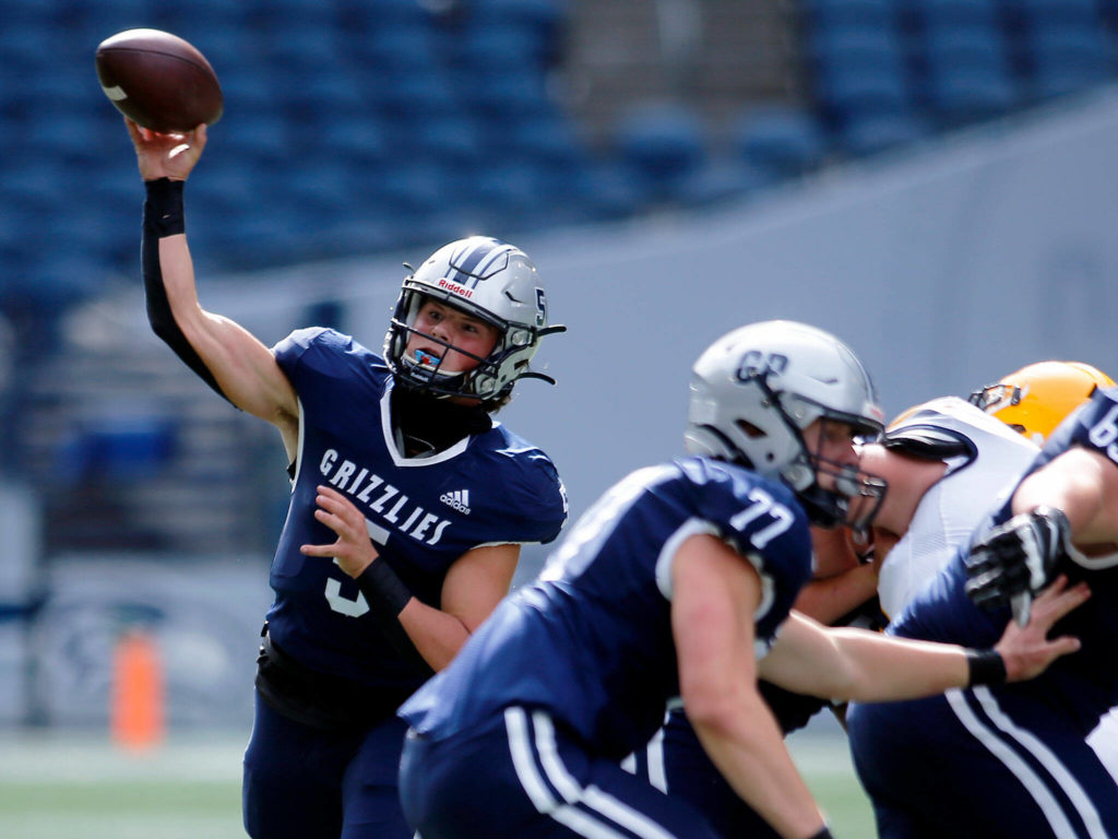 Glacier Peak’s River Lien completes a short pass against Ferndale on Sept. 17 at Lumen Field in Seattle. (Ryan Berry / The Herald)
