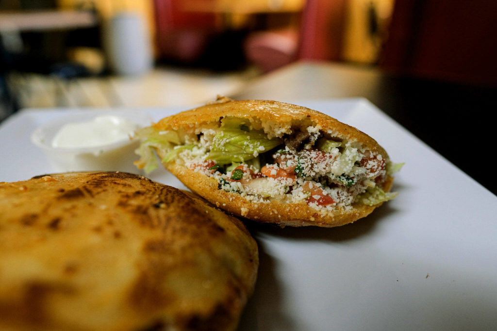 The gorditas at Tía Lety in Everett are stuffed with your choice of meat, refried beans, pico de gallo, lettuce and a flurry of cotija. (Taylor Goebel / The Herald)
