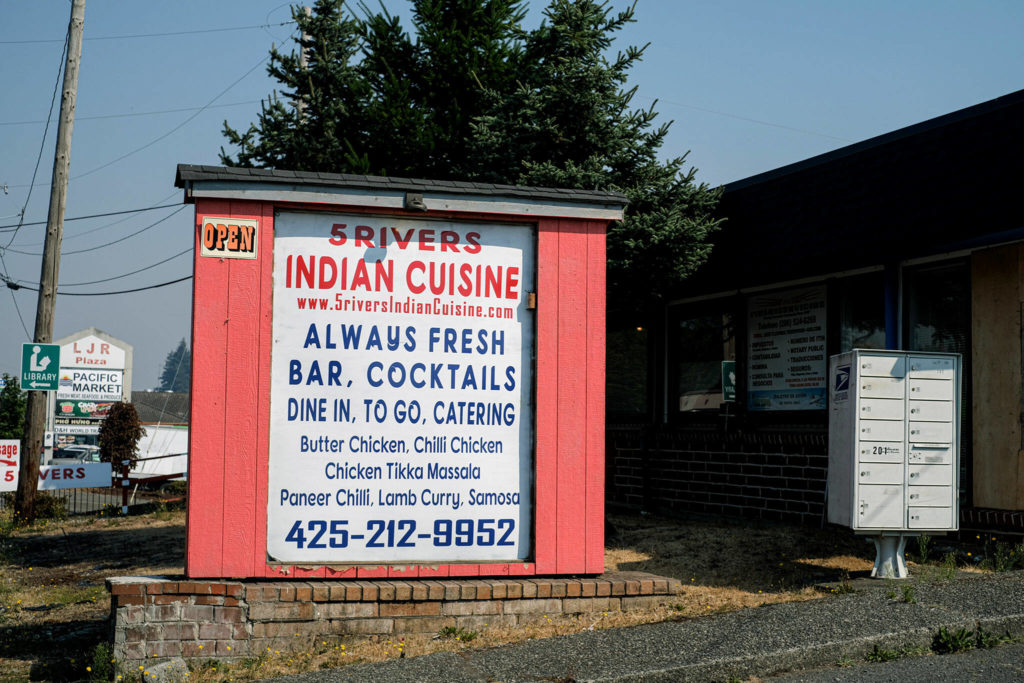 5 Rivers Indian Cuisine has reopened for takeout and delivery, five months after a fire badly damaged the restaurant and other small businesses in the south Everett strip mall. (Taylor Goebel / The Herald)
