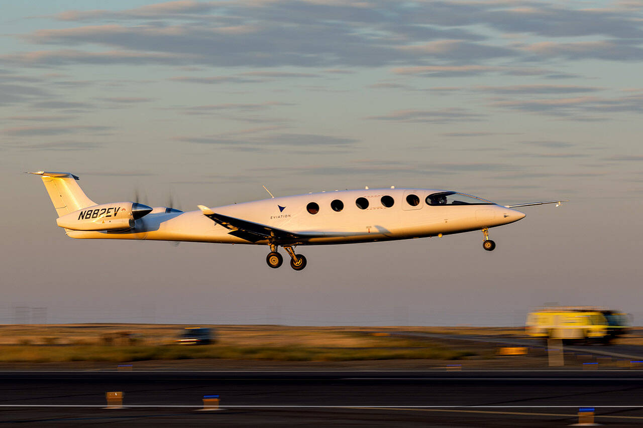 Eviation’s all-electric plane in flight Tuesday morning, in Moses Lake. (Eviation)