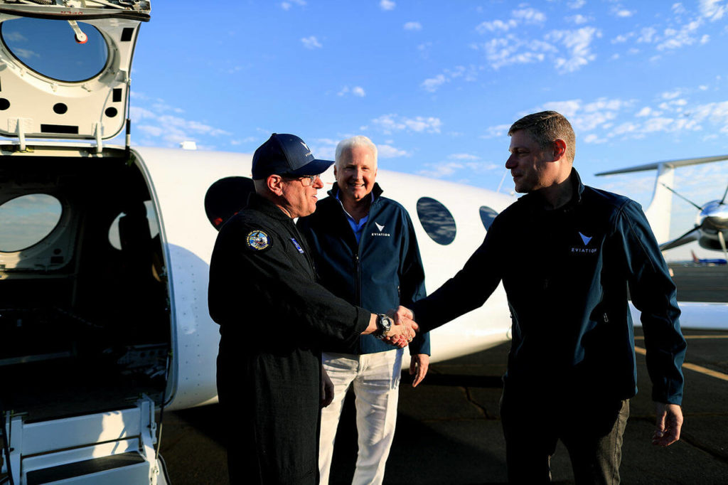 From left to right: Clermont Group Richard F. Chandler, test pilot Steve Crane and president and CEO of Eviation Gregory Davis after a successful test flight of Eviation’s all-electric plane Tuesday morning, in Moses Lake. (Eviation)
