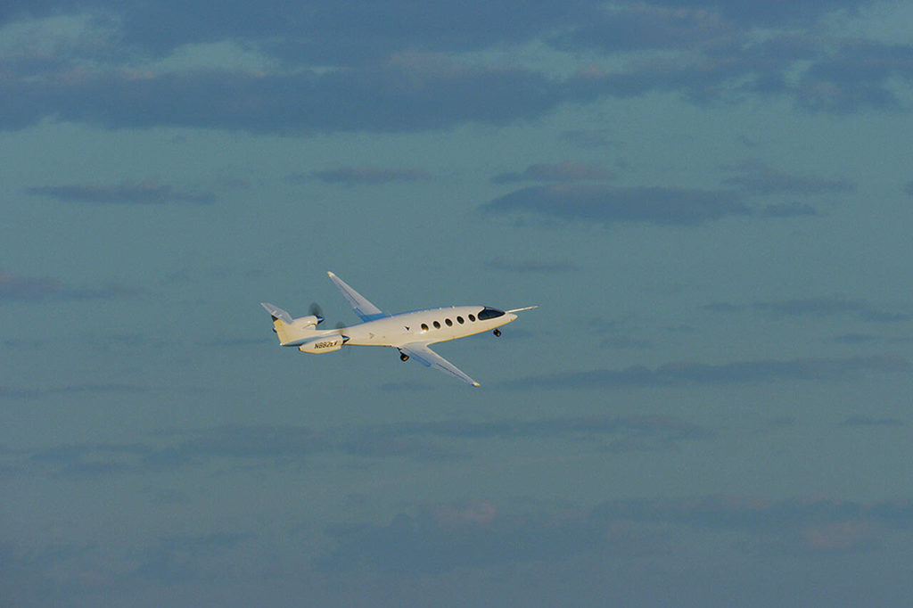 Eviation’s all-electric plane in flight Tuesday morning, in Moses Lake. (Eviation)
