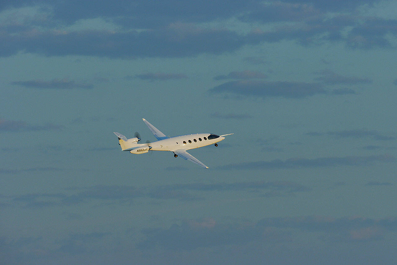 Eviation’s all-electric plane in flight Tuesday morning, in Moses Lake. (Eviation)