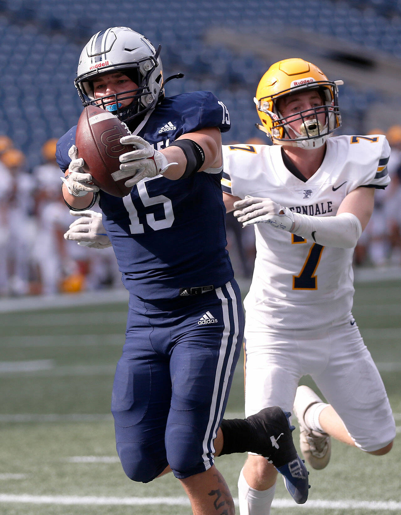 Glacier Peak’s Trey Leckner beats a defender to the goal line as he reaches out for a touchdown against Ferndale on Saturday at Lumen Field in Seattle. Leckner leads the area with 318 receiving yards. (Ryan Berry / The Herald)