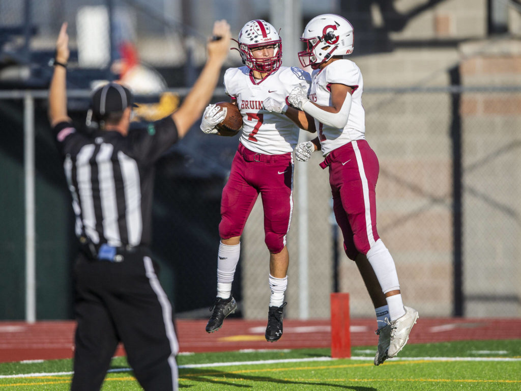 Cascade’s Zach Lopez celebrates his touchdown during the game against Jackson on Friday, Sept. 23, 2022 in Everett, Washington. (Olivia Vanni / The Herald)
