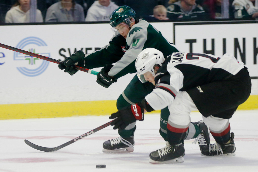 Everett Silvertips’ Jacob Wright tries to get past a defender during the season opener against the Vancouver Giants on Saturday, Sep. 24, 2022, at Angel of the Winds Arena in Everett, Washington. (Ryan Berry / The Herald)