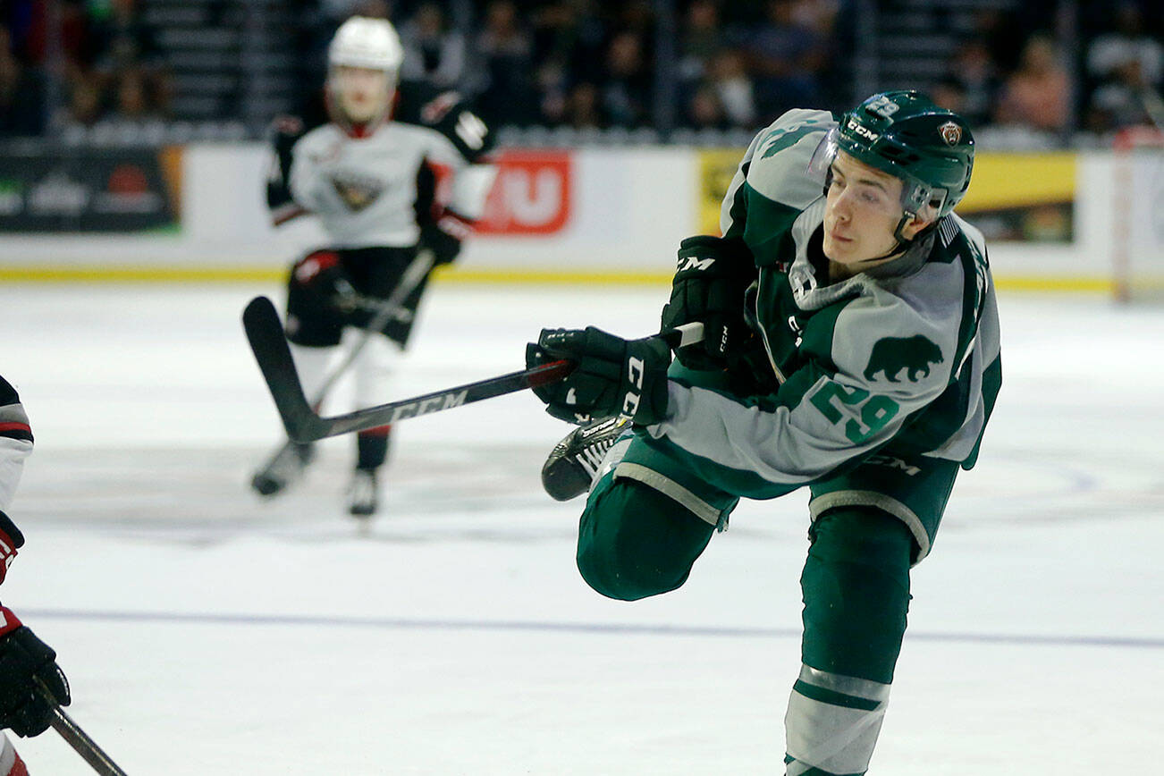 Everett Silvertips’ Vincent Lamanna puts the puck on net during the season opener against the Vancouver Giants on Saturday, Sep. 24, 2022, at Angel of the Winds Arena in Everett, Washington. (Ryan Berry / The Herald)