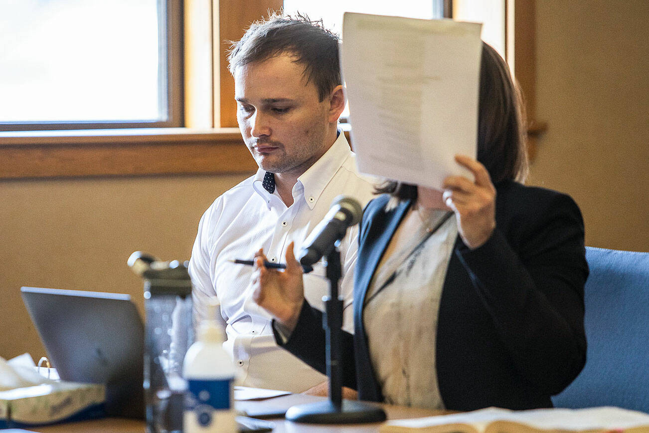 Christian Sayre at his bail hearing at the Snohomish County Courthouse on Wednesday, April 6, 2022 in Everett, Washington. (Olivia Vanni / The Herald)