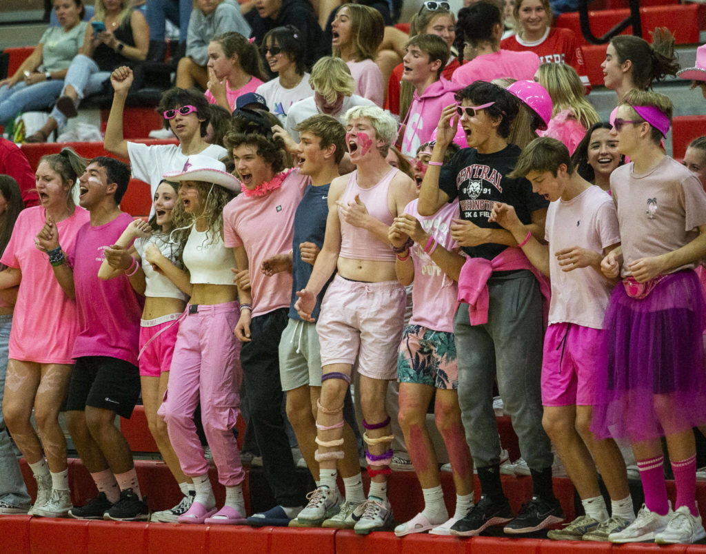 Snohomish fans cheer during the match against Monroe on Tuesday, Sept. 27, 2022 in Snohomish, Washington. (Olivia Vanni / The Herald)
