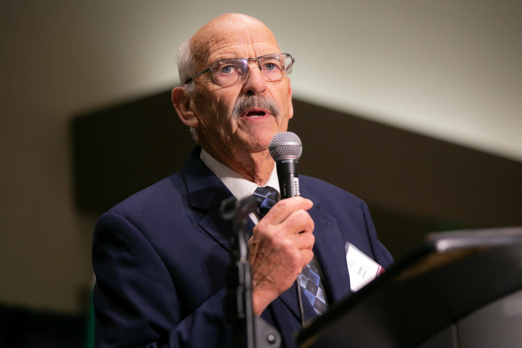 Longtime cross country and track coach Ernie Goshorn gives a speech after being inducted to the Hall of Fame during the 2022 Snohomish County Sports Hall of Fame banquet Wednesday, Sep. 28, 2022, at the Edward D. Hansen Conference Center in Everett, Washington. (Ryan Berry / The Herald)
