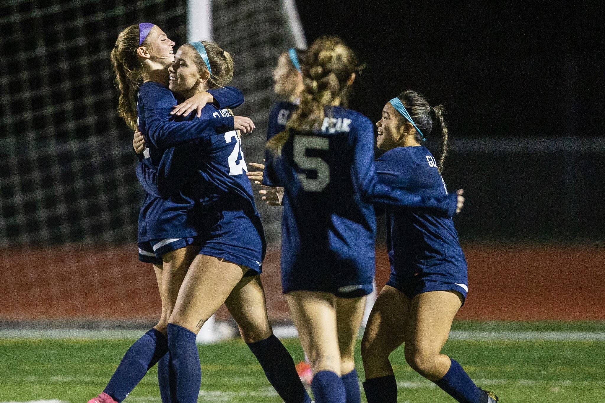 Glacier Peak players celebrate a goal during the game against Kamiak on Thursday, Sept. 29, 2022 in Snohomish, Washington. (Olivia Vanni / The Herald)