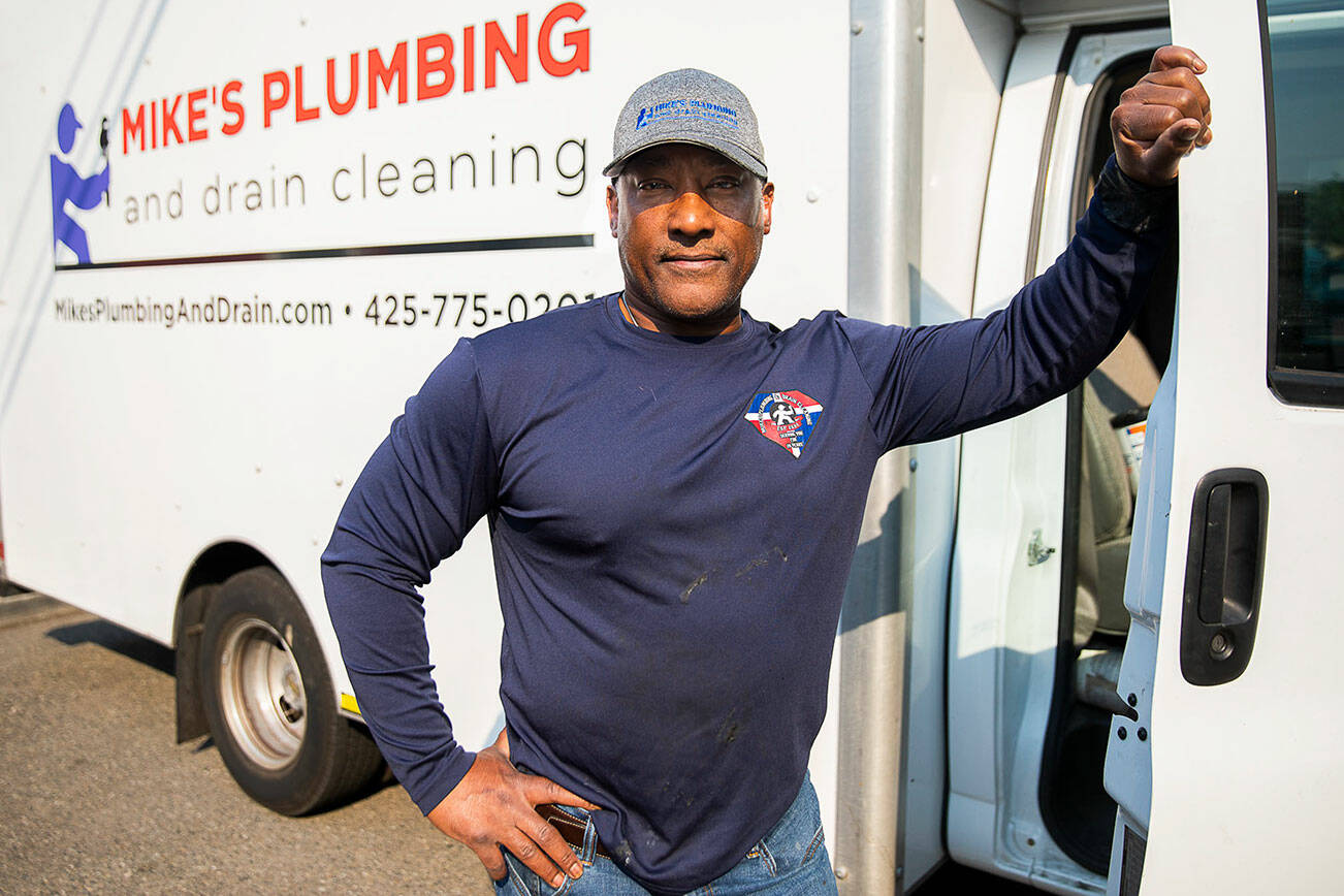 Mike Marinez, owner of Mike’s Plumbing, at his workshop on Wednesday, Sept. 21, 2022 in Edmonds, Washington. (Olivia Vanni / The Herald)