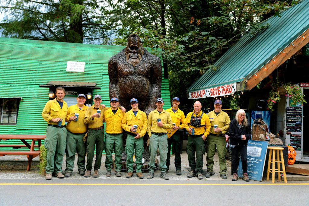 Espresso Chalet owner Mark Klein photographed firefighters with free coffee in hand before they headed east to contain the Bolt Creek Fire on Sept. 15. The firefighters pictured hail from South County, North County, Colville, Spokane, Hoodsport, Union, Pullman, The North, Central and Regional Mighty Mason Fire-EMS and the Oregon Hot Shots. (Photo courtesy of Mark Klein)
