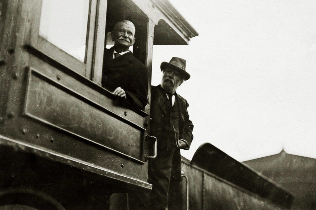 James J. Hill riding the Great Northern Railroad in 1912. The transcontenintal line Hill built was a catalyst for economic growth throughout the country, including in Everett and Seattle. (Contributed by Kyle Kegley via Minnesota Historical Society Archives)
