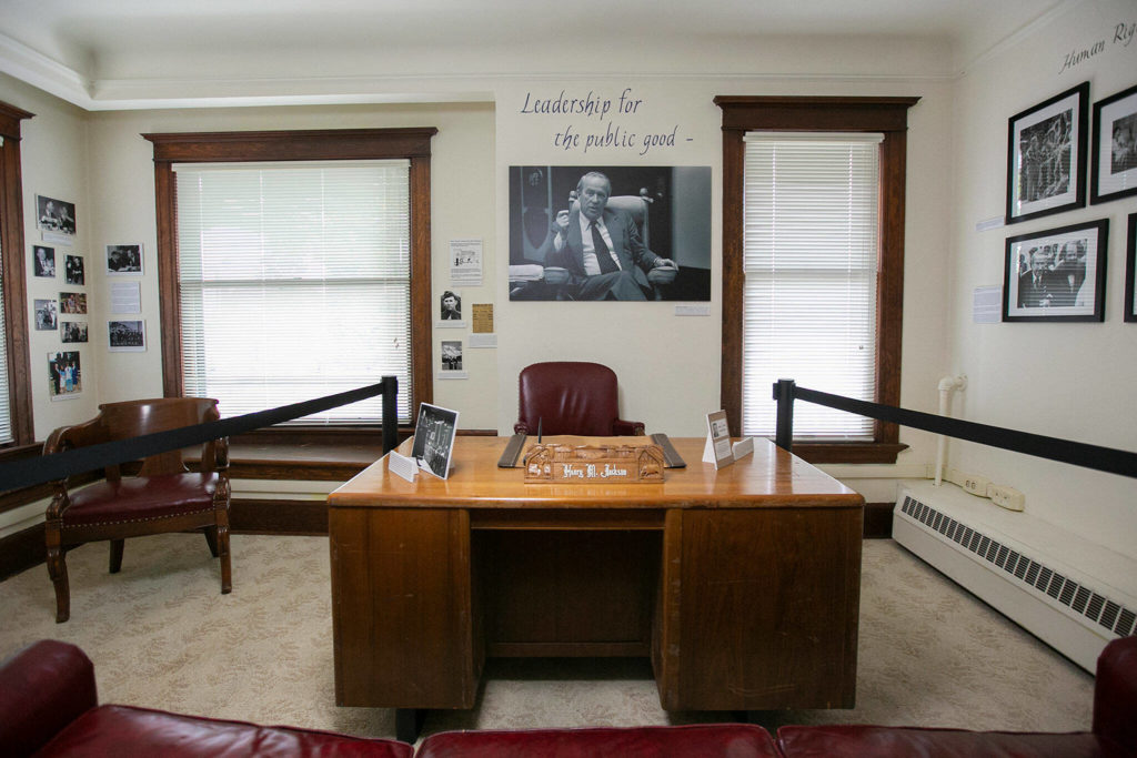 A room dedicated to the late U.S. Senator Henry M. Jackson, featuring his desk from his days as the Snohomish County Prosecutor, is on display at the Van Valey House on Colby Avenue in Everett. (Ryan Berry / The Herald)
