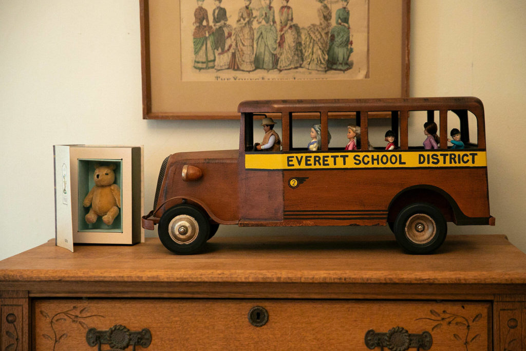 Ed Morrow, one of the Van Valey House’s former owners, carved dozens of pieces on display at the Van Valey House now open as a museum at 2130 Colby Ave. in Everett. (Ryan Berry / The Herald)
