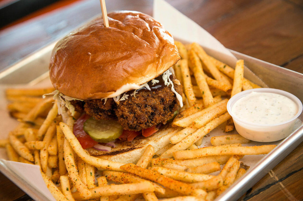 A Katsu Burger with Spicy Fries at Katsu Burger on July 13, 2021 in Lake Stevens. (Andy Bronson / The Herald) 
