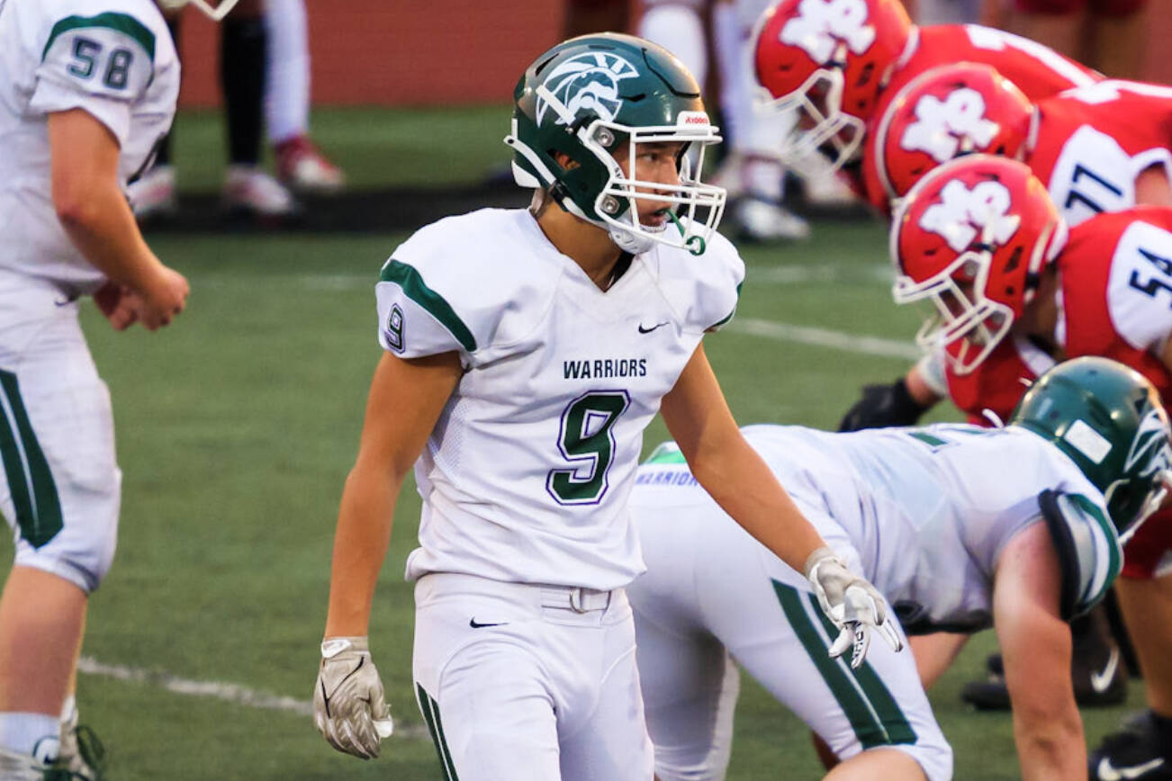 Edmonds-Woodway's Moses Martin lines up before a play against Marysville Pilchuck on Sept. 2 at Marysville Pilchuck High School. (Aaron Benson)