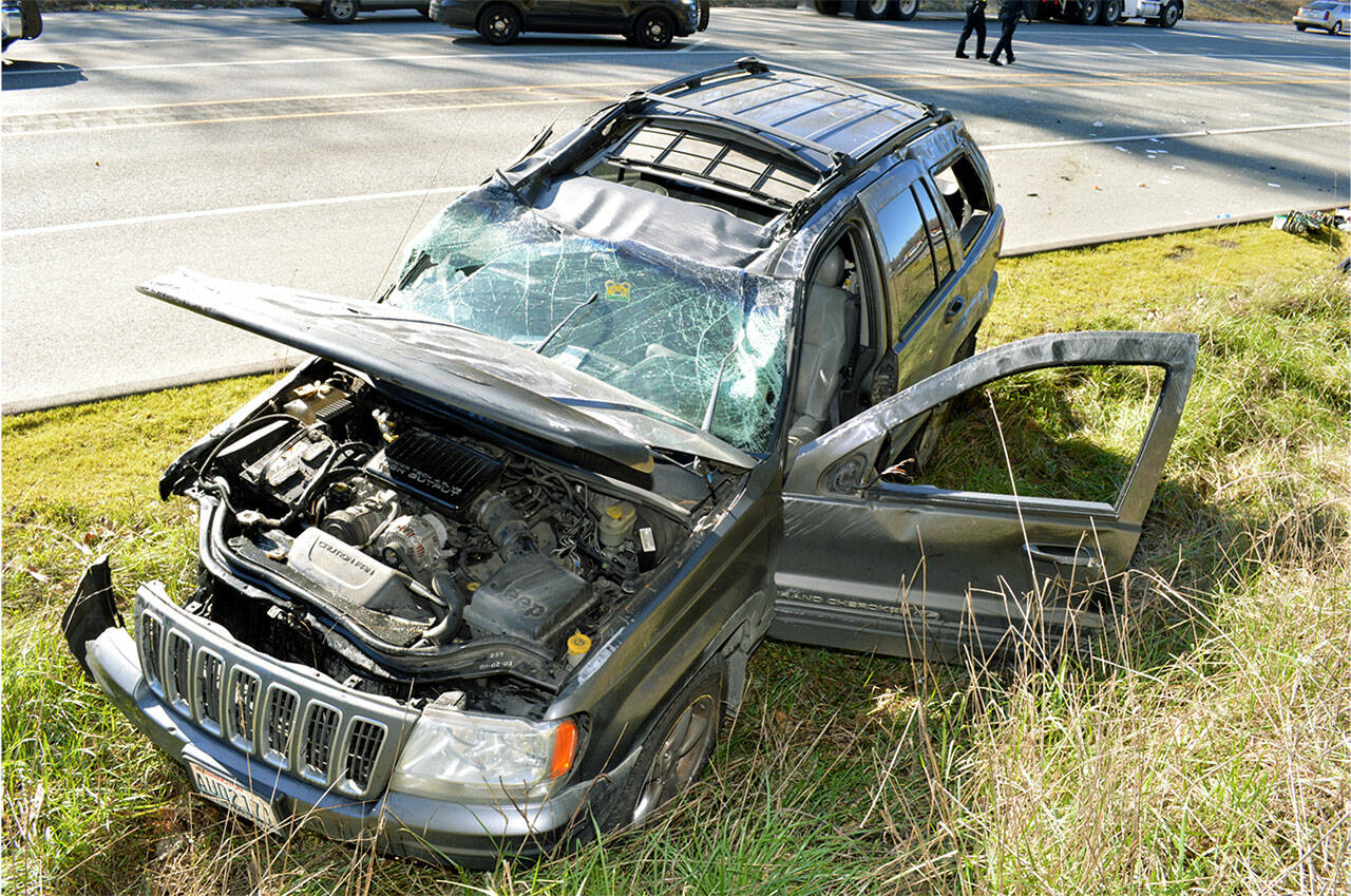 This photo shows the damage to a Monroe woman’s car after a rollover collision on Highway 522 in 2018, leading to a $2.75 million settlement with the state. (David Crump)